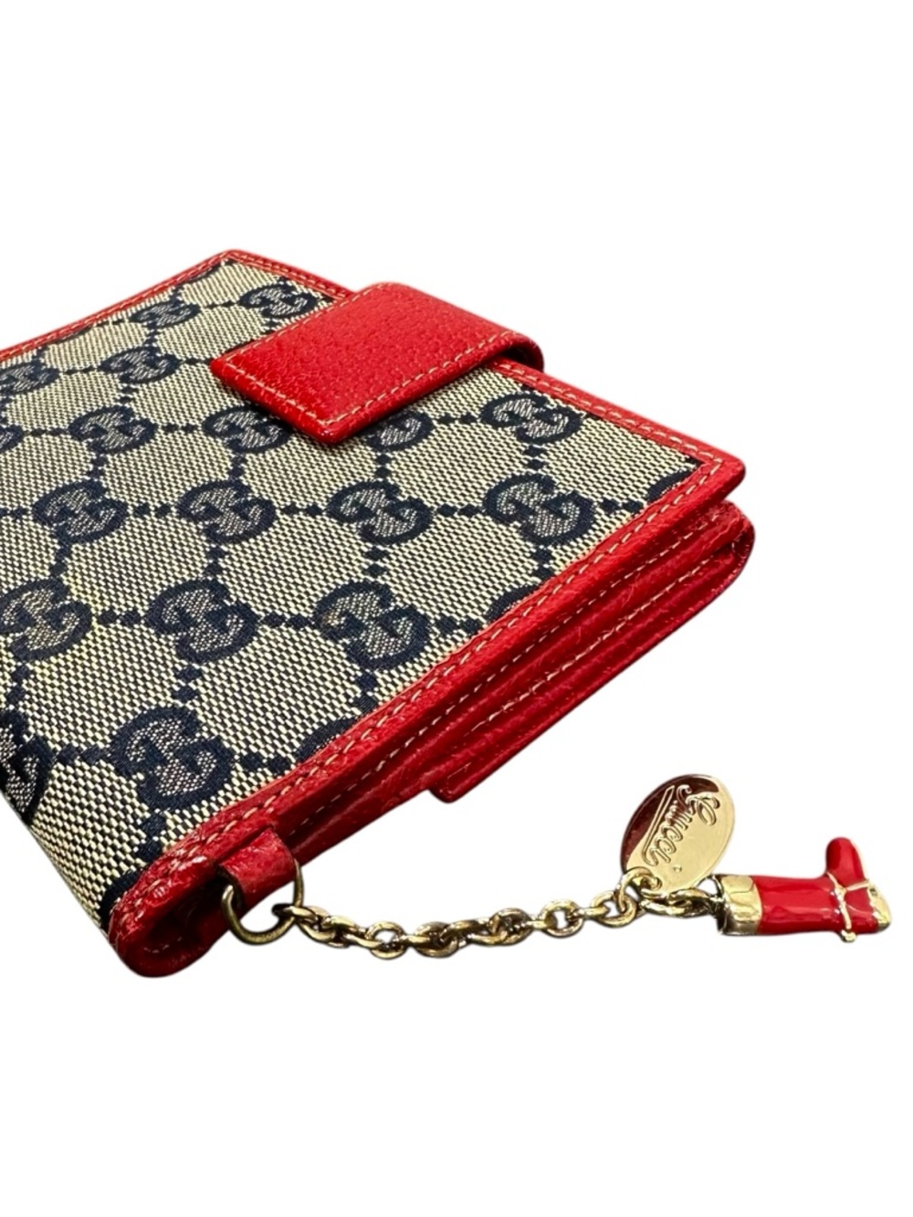 Gucci GG Monogram Navy Canvas & Red Leather Boot Charm Compact Bifold Wallet - Picture 9 of 16